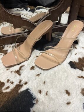 Cupid Nude Clear-Strap Block Heel Sandals